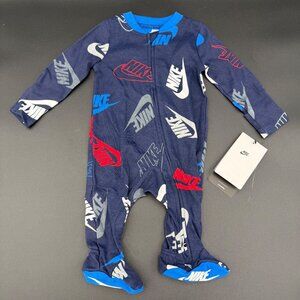 Nike Baby Footed Pajamas 3M Blue Multicolor Navy Logos Cotton Blend 56G821-U90